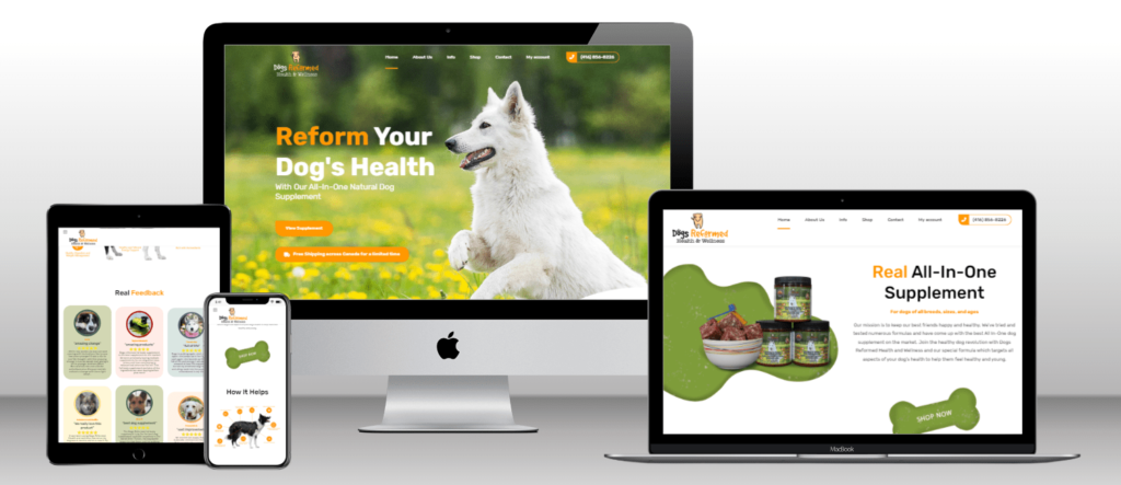 Image of Dogs Reformed Health and Wellness website on desktop, tablet and mobile.
